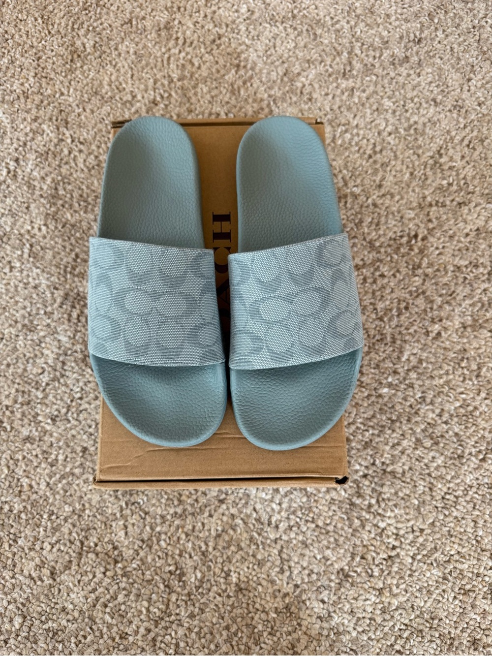 Coach Women's Slide Sandals in Pale Blue with Signature Print